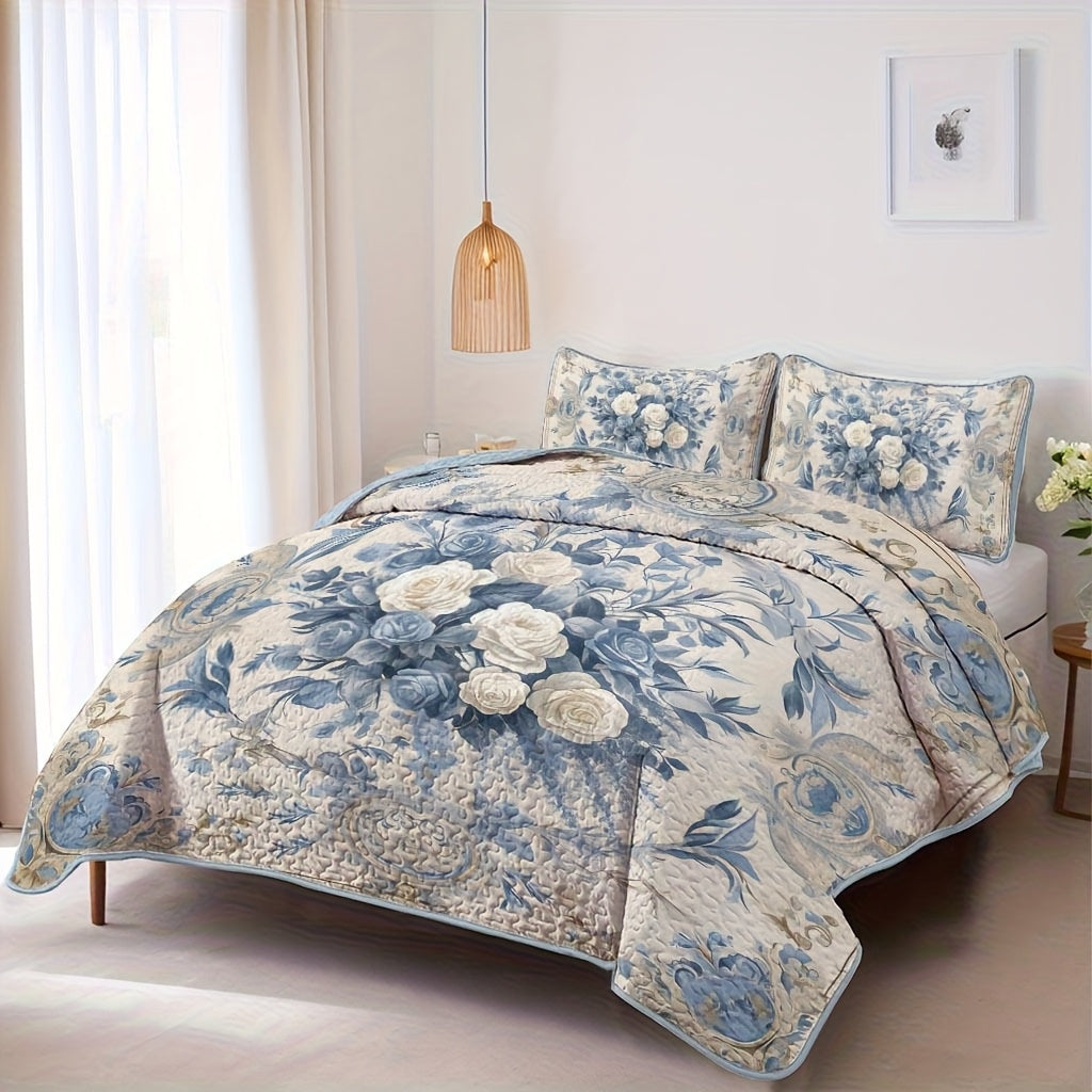Flower Design Quilt Set Hypoallergenic Breathable All Seasons Lightweight Bedding