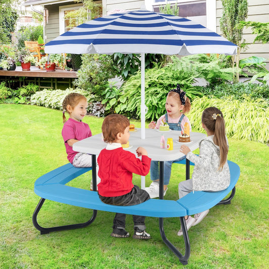 COSTWAY Picnic Table with a Height-Adjustable Umbrella, Durable HDPE Outdoor Table with Four Benches for Eight Kids, Sturdy Metal Structure, Suitable for Indoor And Outdoor Activities for Toddlers Aged 3 And Up