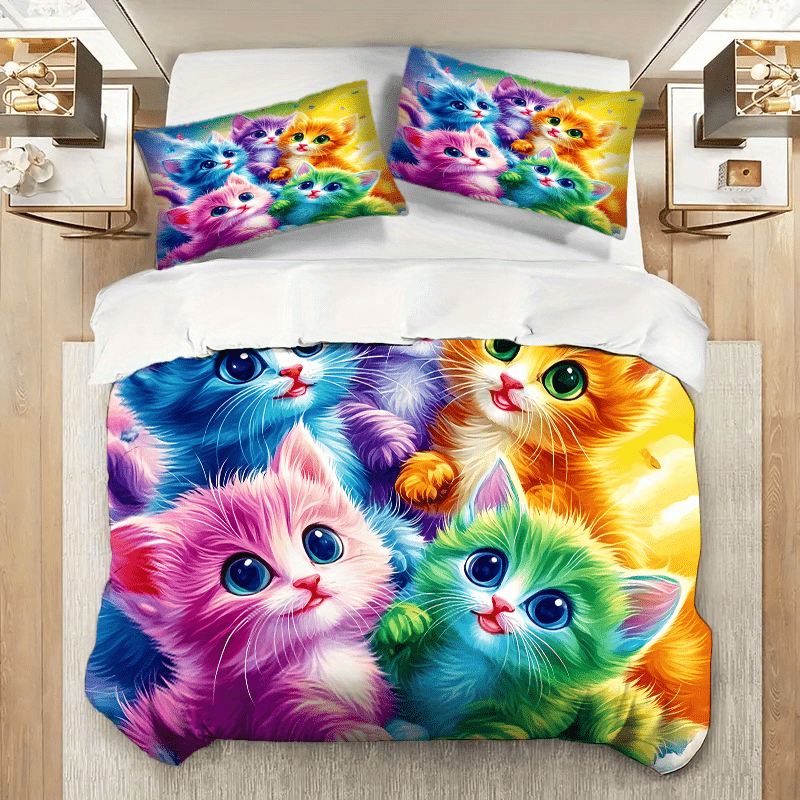 Cat Printed Quilt Cover Set Three Piece Pillowcases Polyester Bedding