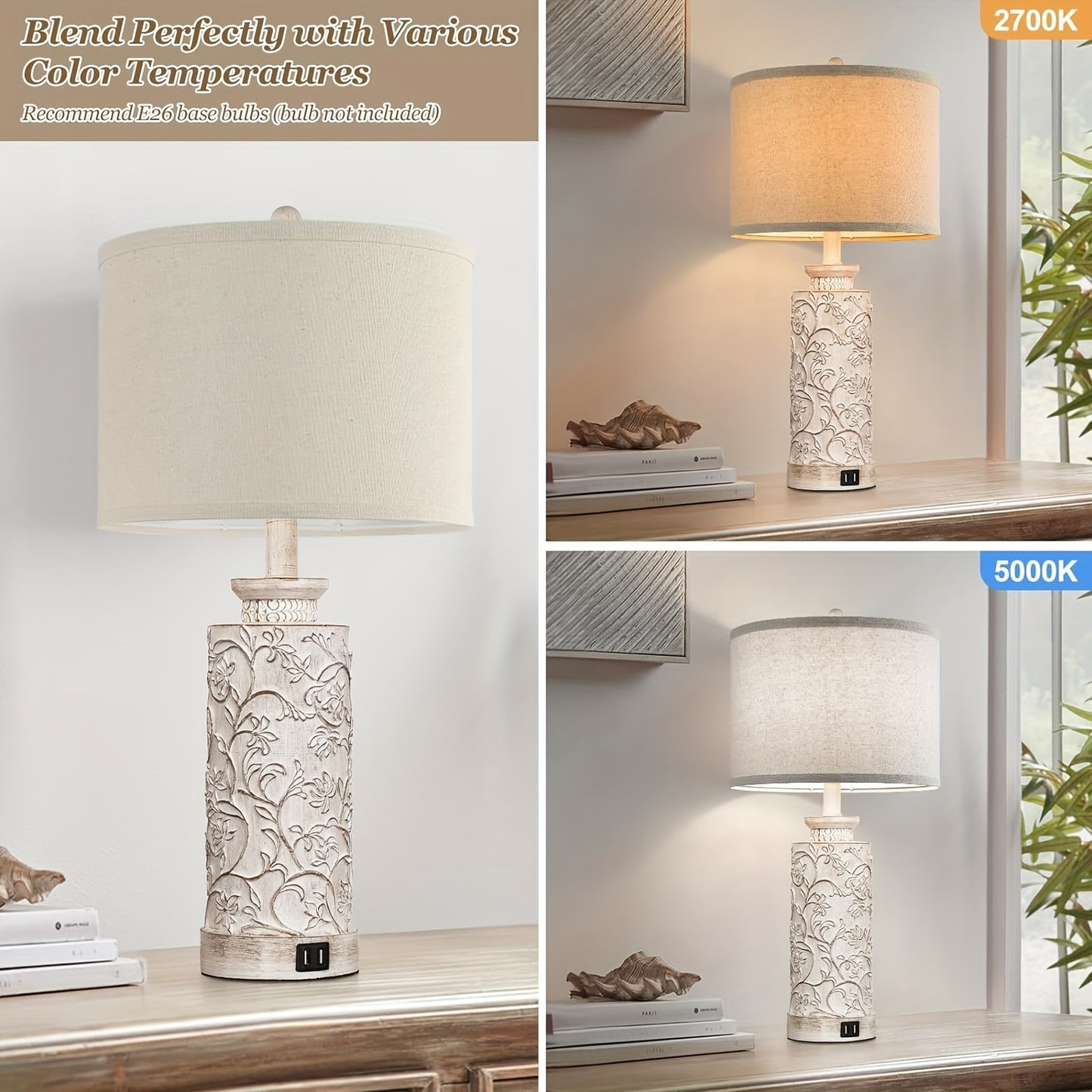 Modern Farmhouse Table Lamps Set Of 2 With USB Ports