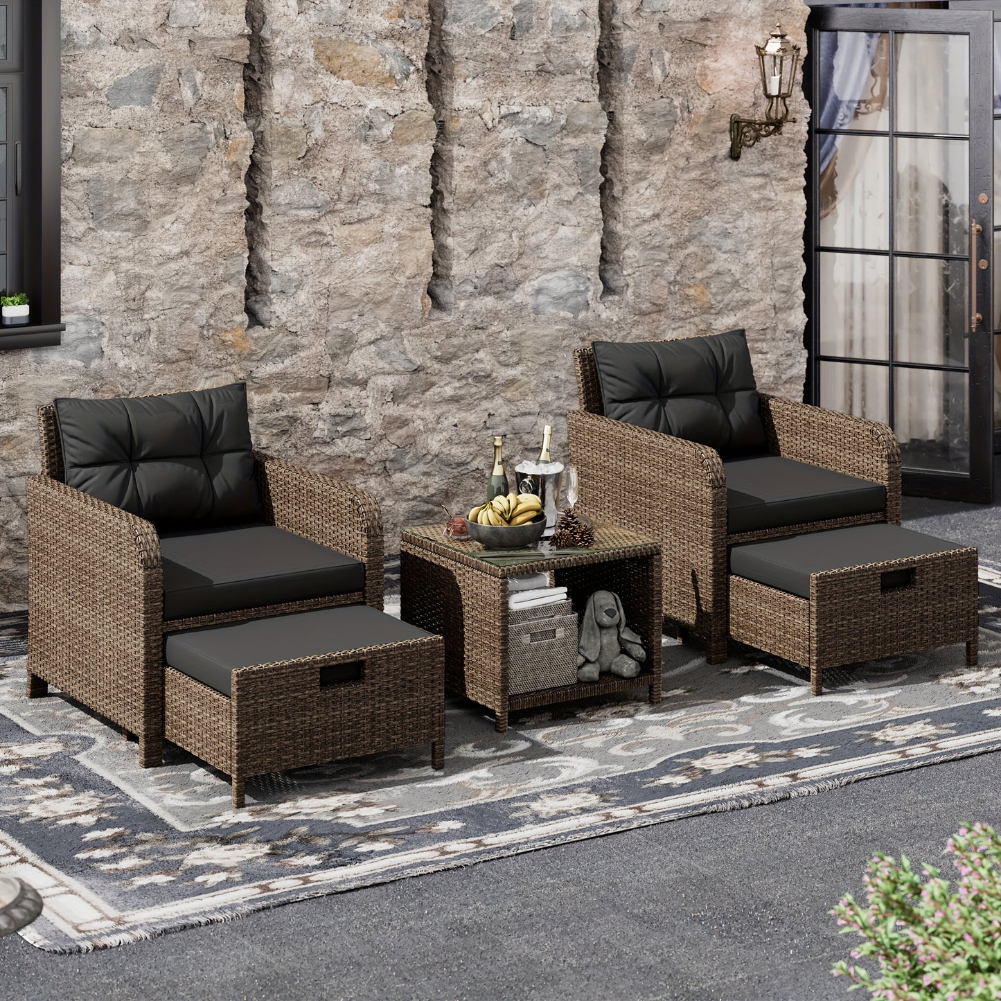 BIFANUO Balcony Furniture FivePiece Patio Conversation Set With Glass Table
