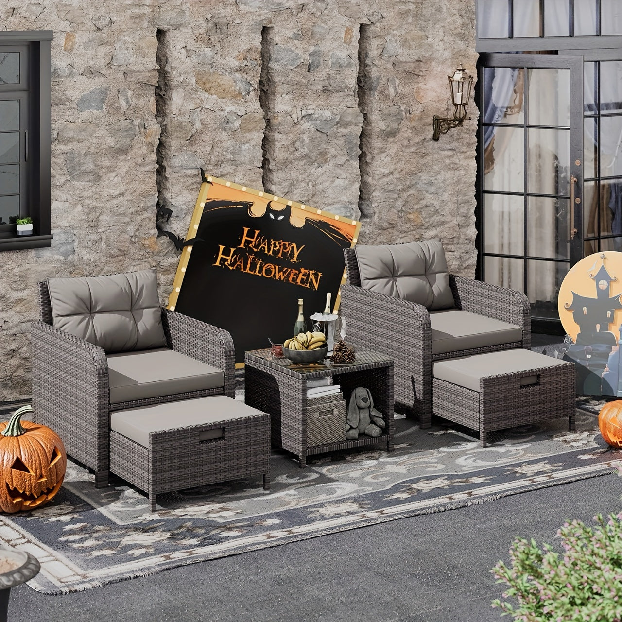 BIFANUO Balcony Furniture FivePiece Patio Conversation Set With Glass Table