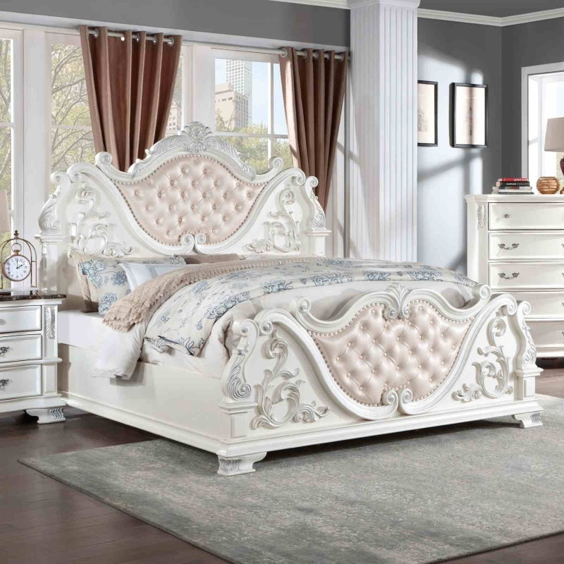 Vintage Tufted Leatherette Headboard Baroque Footboard Luxury Bed Frame