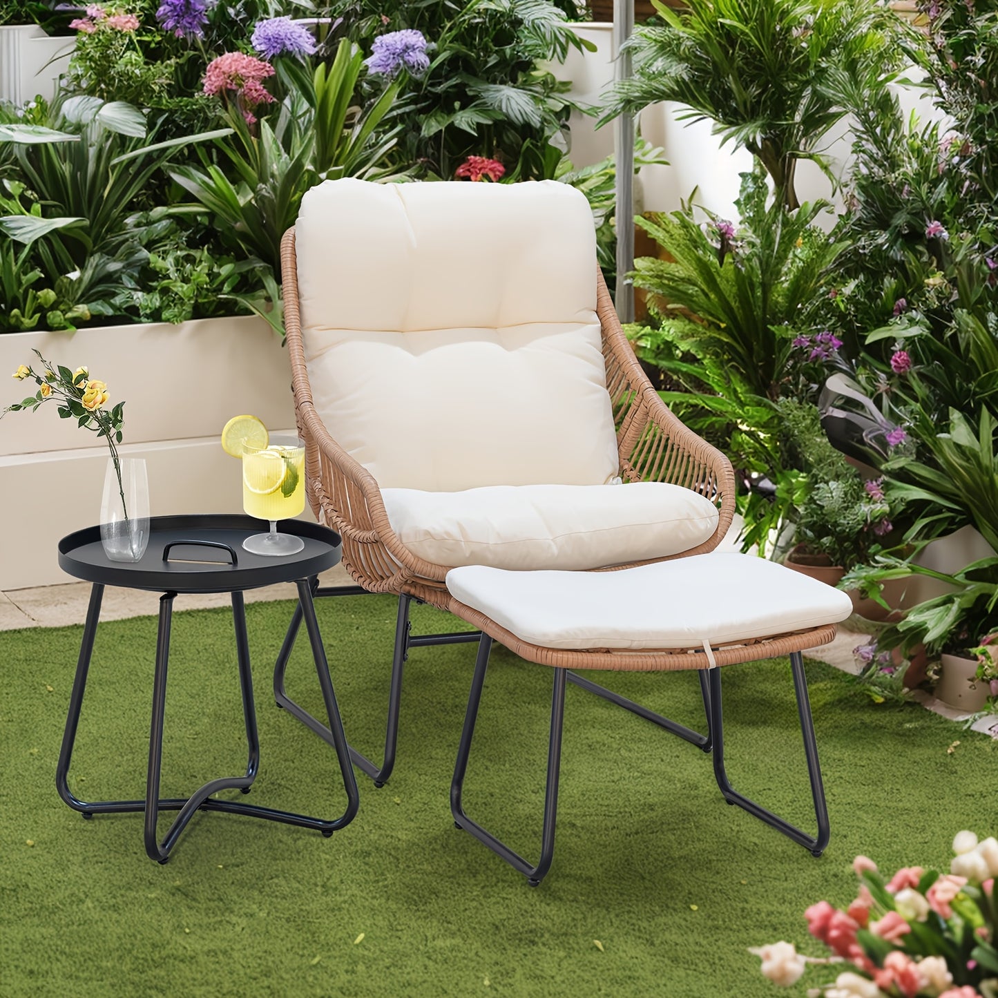 TAPPIO 3 Piece Outdoor Patio Furniture Set Papasan Chair Ottoman