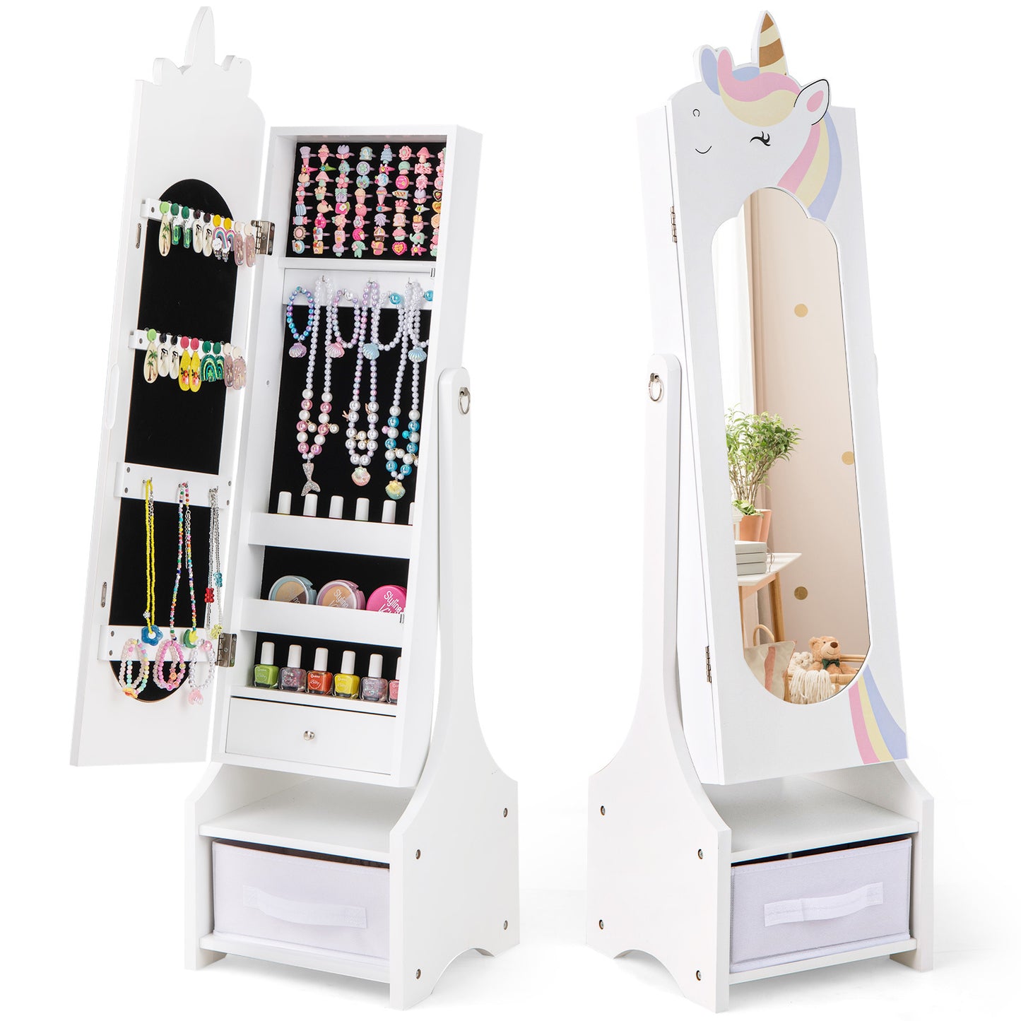 COSTWAY Kids Jewelry Armoire Cabinet With Full Length Mirror