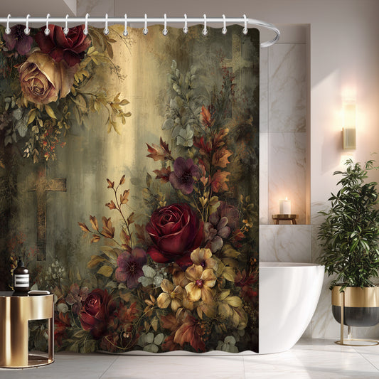 Vintage Floral Shower Curtain Polyester Rose And Herb Machine Washable