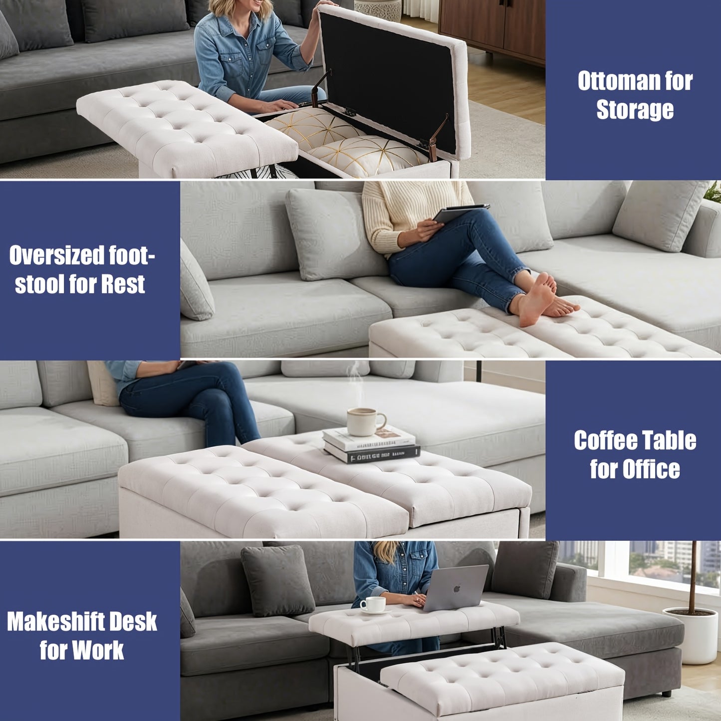 KINGFUN Square Storage Ottoman With Removable Lid Hardwood