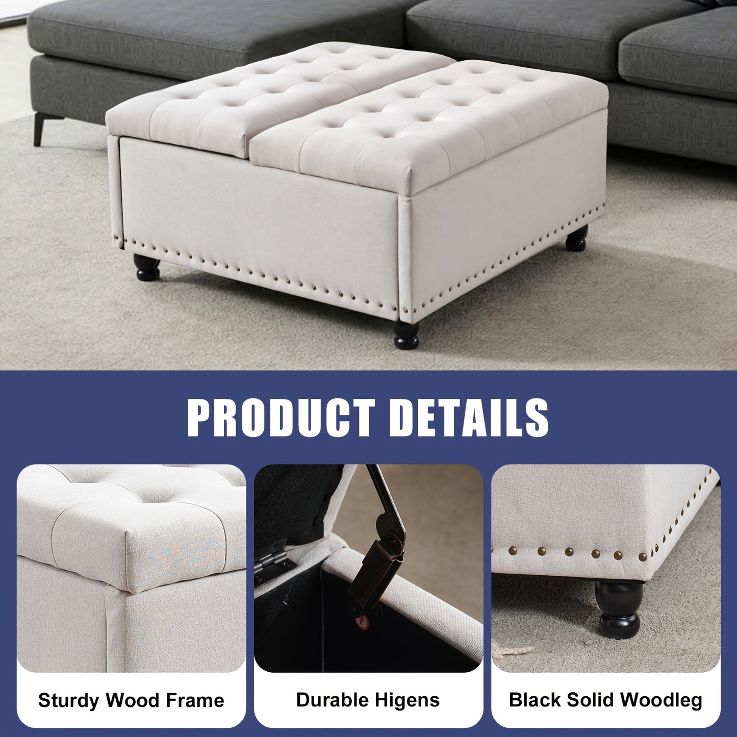 KINGFUN Square Storage Ottoman With Removable Lid Hardwood