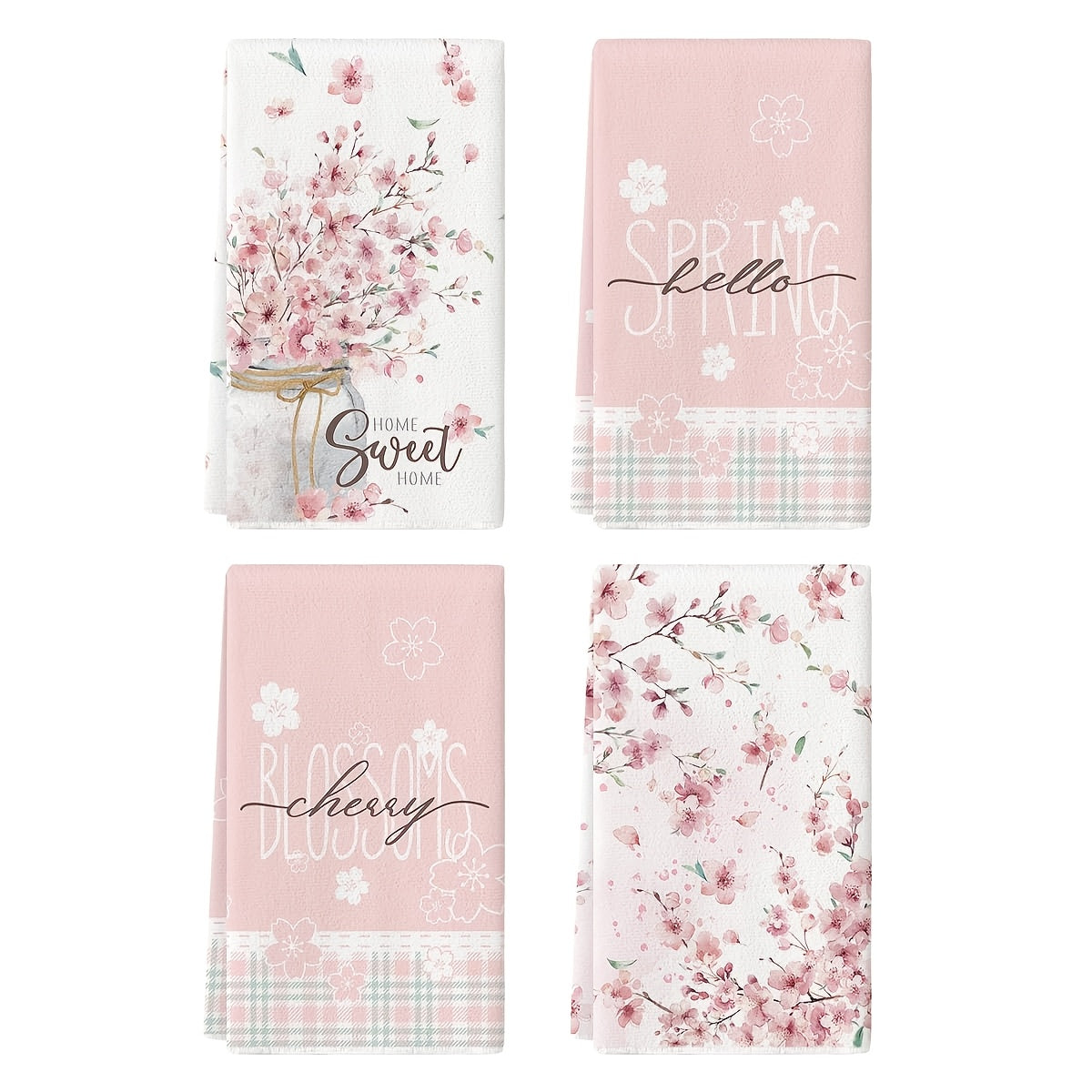 Spring Pink Cherry Blossom Dish Towels Suitable for Farmhouse Kitchen, Easter Decorations - Rustic Rectangular Hand & Dish Cloths with Flowers, Machine Washable, Spring Table Setting