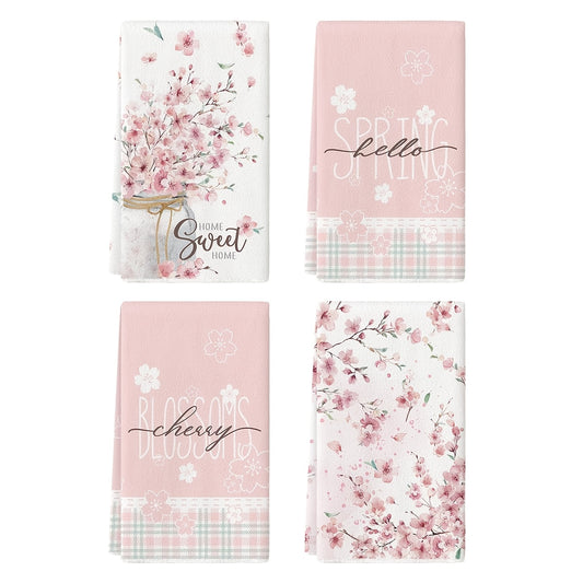 Spring Pink Cherry Blossom Dish Towels Suitable for Farmhouse Kitchen, Easter Decorations - Rustic Rectangular Hand & Dish Cloths with Flowers, Machine Washable, Spring Table Setting