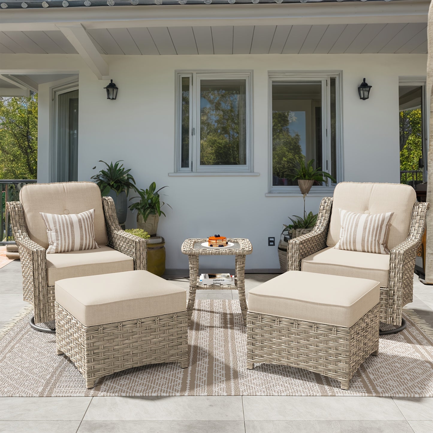 HOOOWOOO Outdoor 360-Degree Swivel Chairs Set With Ottomans And Table