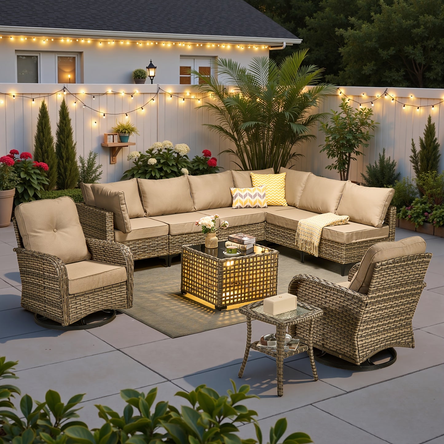 HOOOWOOO Outdoor Patio Furniture Set Wicker Sectional Sofa Swivel Chairs