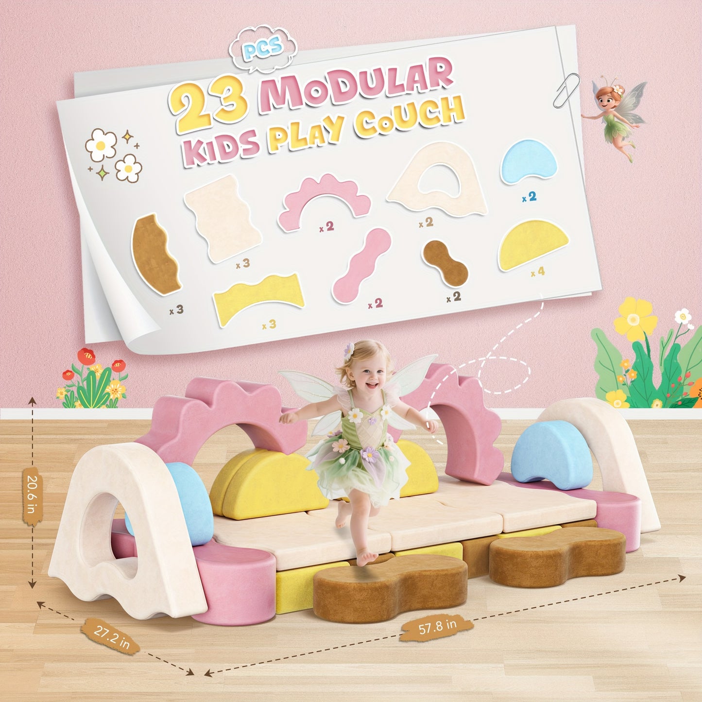 Rengue 23Pcs Modular Kids Play Couches Convertible Foam Nugget Sofa