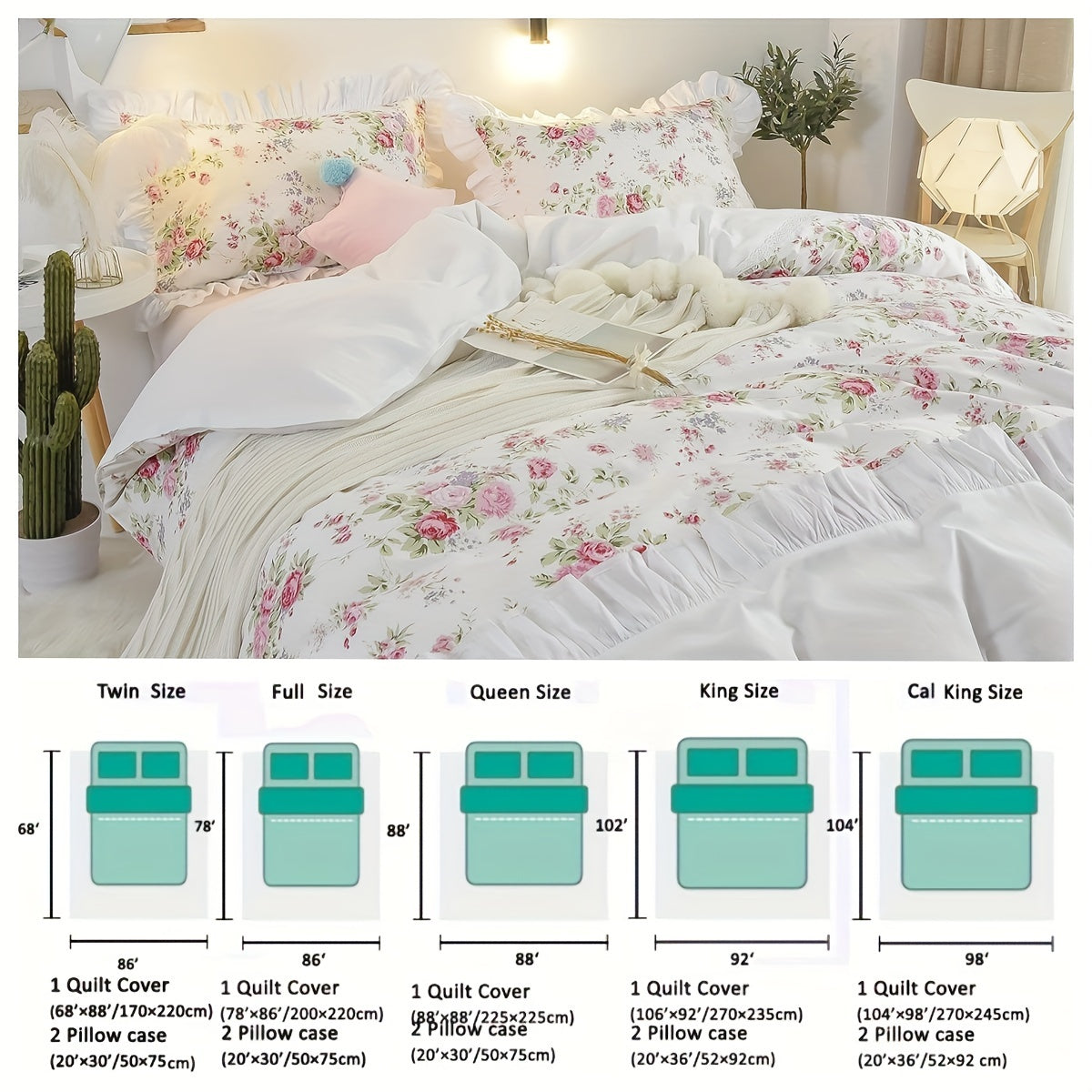 Floral Duvet Cover Set 3Piece Reversible Bulgarian Rose Bedding