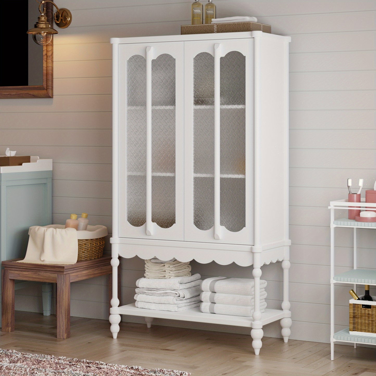 FUFU&GAGA Freestanding Bathroom Cabinet With Frosted Glass Doors