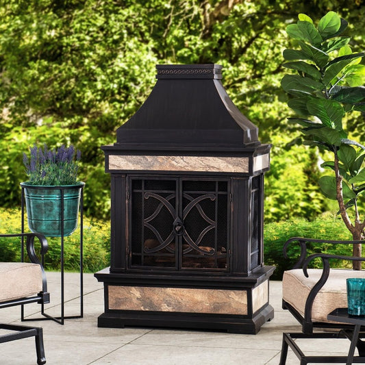 Outdoor Wood Burning Steel Fireplace With Chimney Spark Screen