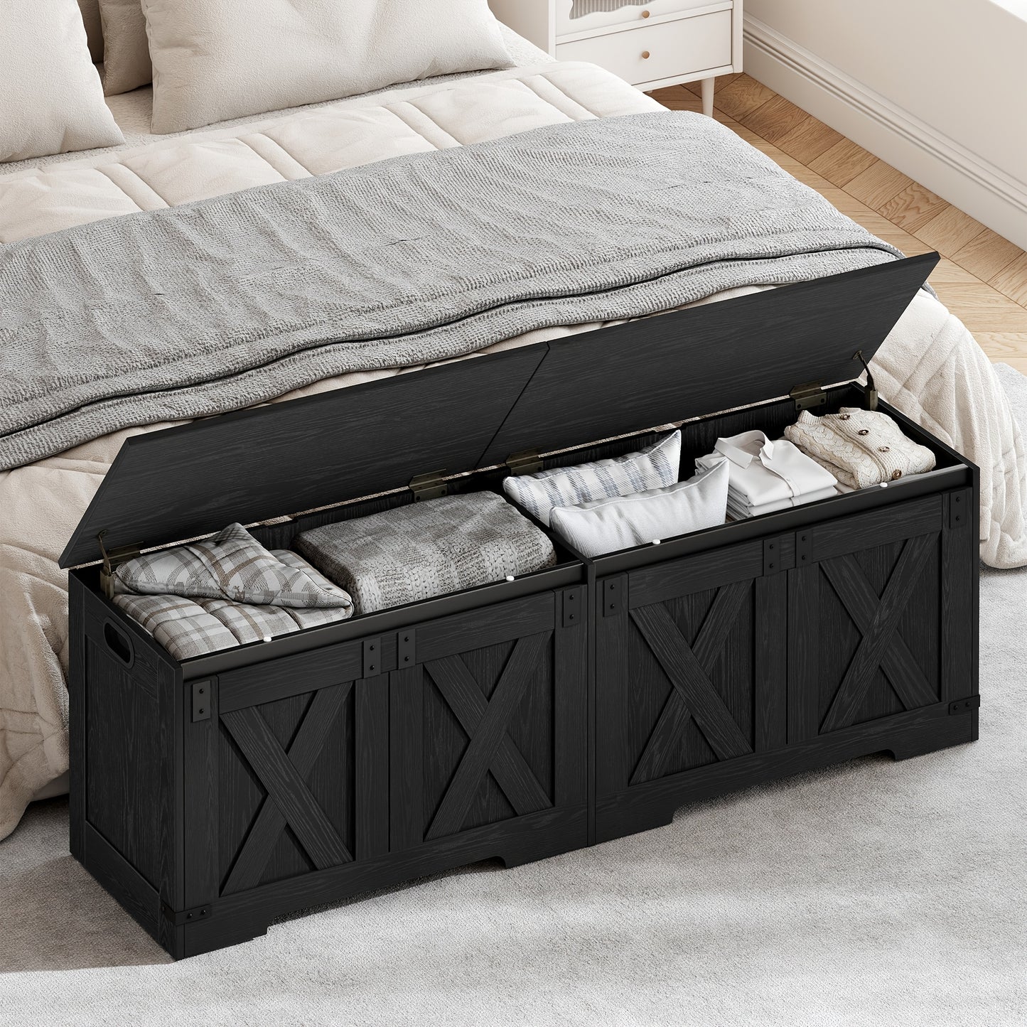 HZUANERI Farmhouse Wooden Storage Chest Lift Top Organizer With 2 Hinges