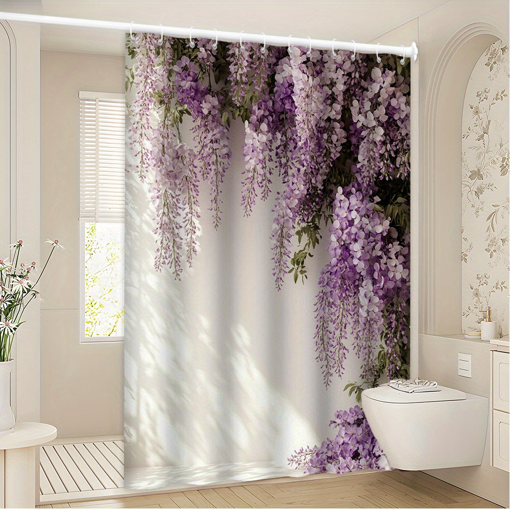 1pc Elegant Purple Wisteria Shower Curtain with White Blossoms - Extra Long 70.8x70.8 Inches, Beige & Green Foliage Design, 12 Hooks Included, Machine Washable for Spa-Like Bathroom Decor in Lilac, Wisteria  or Wisteria Flowe