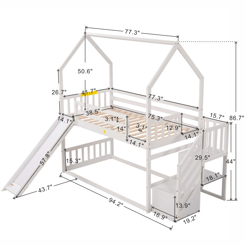 White Space-Saving Design of a Twin Over Twin Bunk Bed Featuring a Convertible Slide And a Staircase with Storage