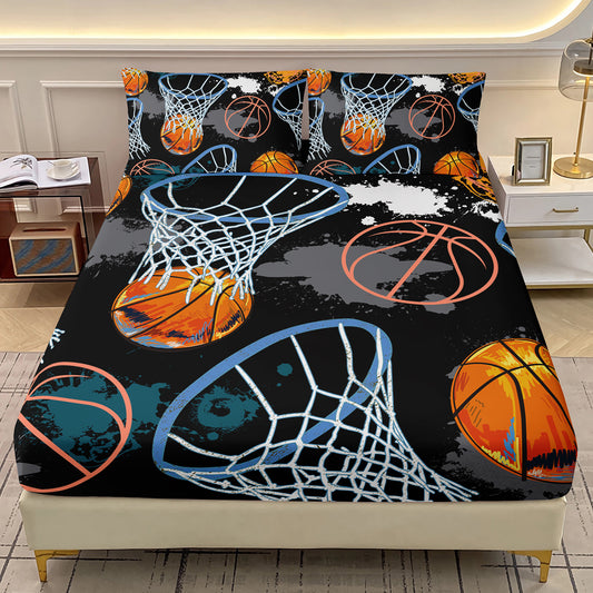 Basketball Theme Three Piece Fitted Sheet Bedding Set With Pillowcases