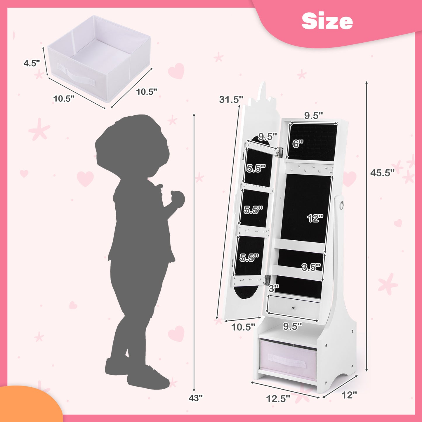 COSTWAY Kids Jewelry Armoire Cabinet With Full Length Mirror