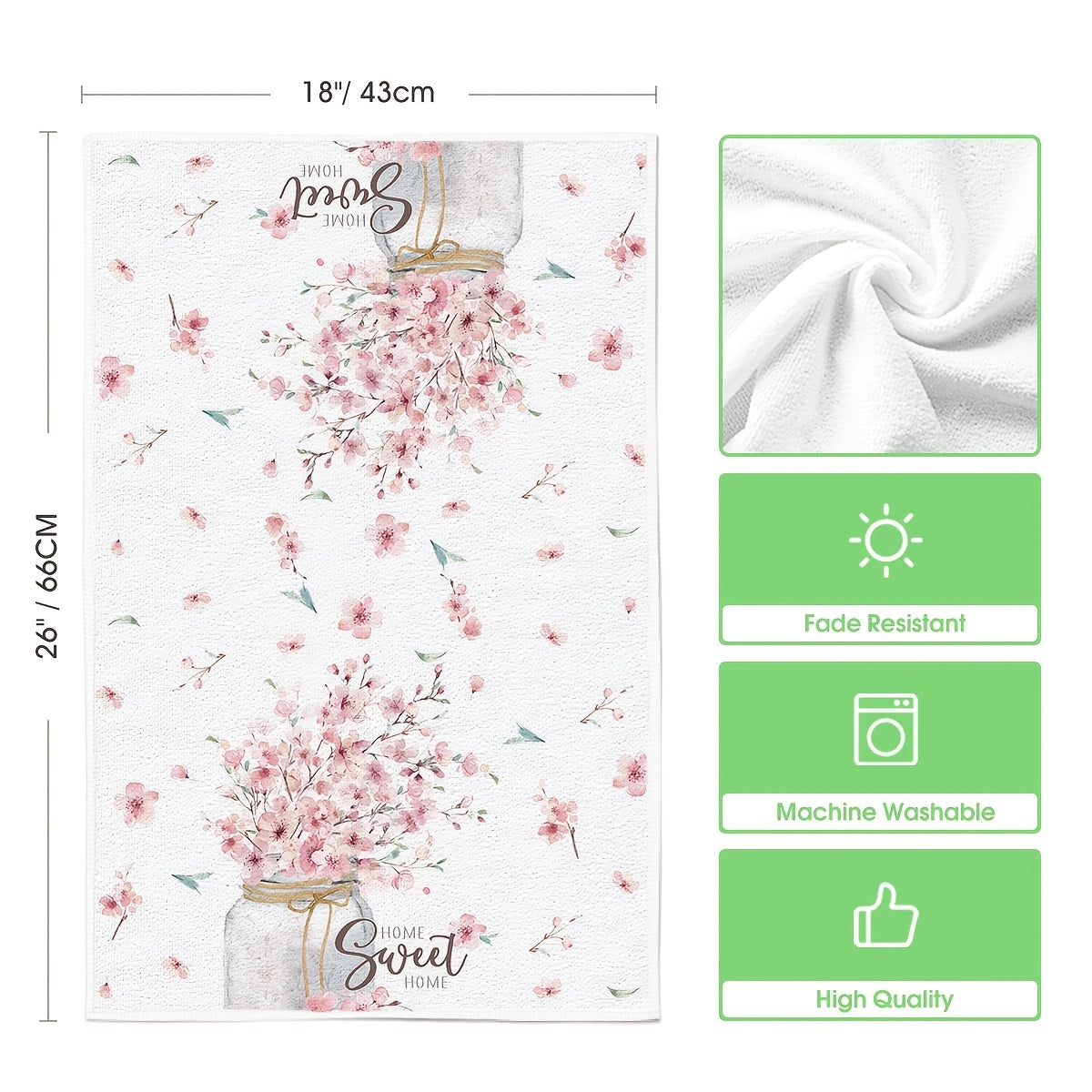 Spring Pink Cherry Blossom Dish Towels Suitable for Farmhouse Kitchen, Easter Decorations - Rustic Rectangular Hand & Dish Cloths with Flowers, Machine Washable, Spring Table Setting