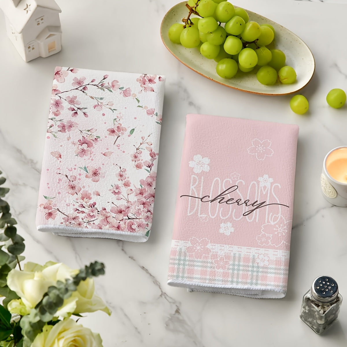 Spring Pink Cherry Blossom Dish Towels Suitable for Farmhouse Kitchen, Easter Decorations - Rustic Rectangular Hand & Dish Cloths with Flowers, Machine Washable, Spring Table Setting