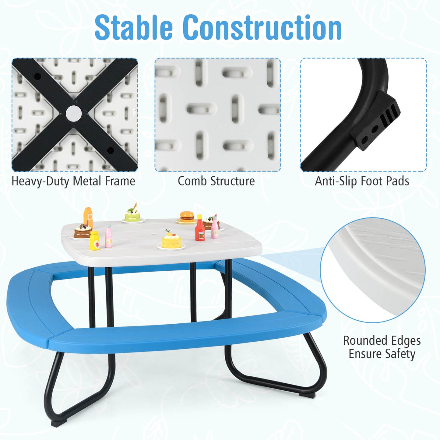 COSTWAY Picnic Table with a Height-Adjustable Umbrella, Durable HDPE Outdoor Table with Four Benches for Eight Kids, Sturdy Metal Structure, Suitable for Indoor And Outdoor Activities for Toddlers Aged 3 And Up