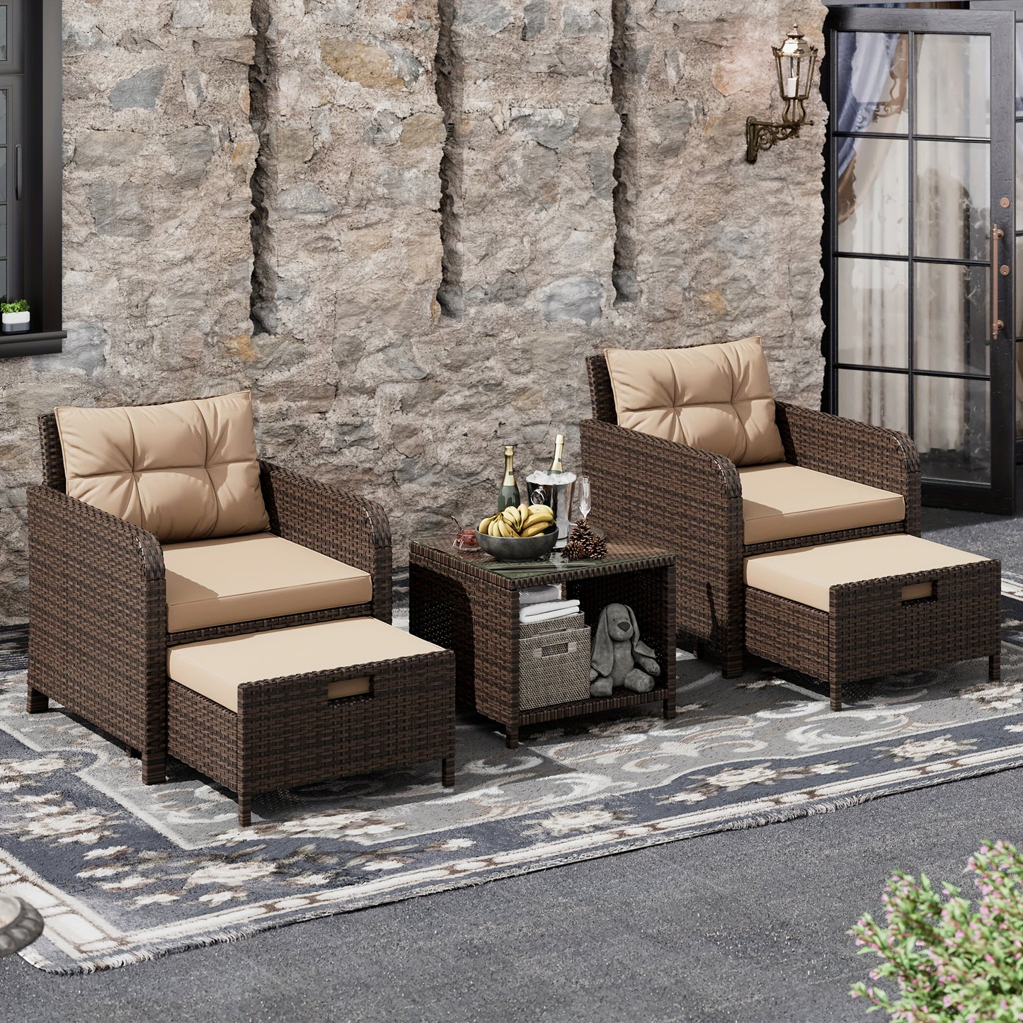BIFANUO Balcony Furniture FivePiece Patio Conversation Set With Glass Table