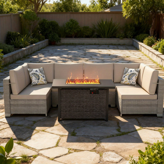7-Piece Outdoor Patio Furniture Set With Propane Fire Pit Table