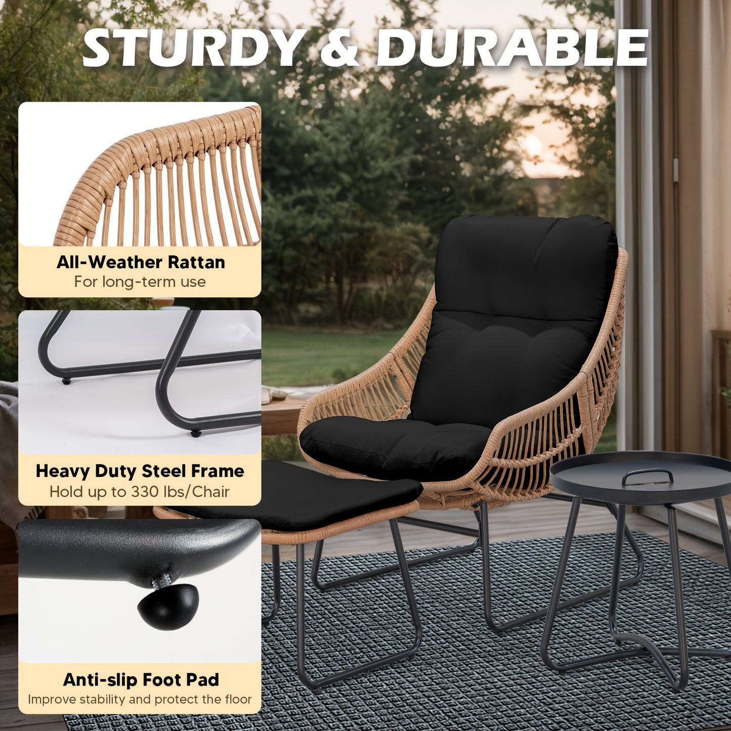 TAPPIO 3 Piece Outdoor Patio Furniture Set Papasan Chair Ottoman