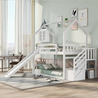 White Space-Saving Design of a Twin Over Twin Bunk Bed Featuring a Convertible Slide And a Staircase with Storage