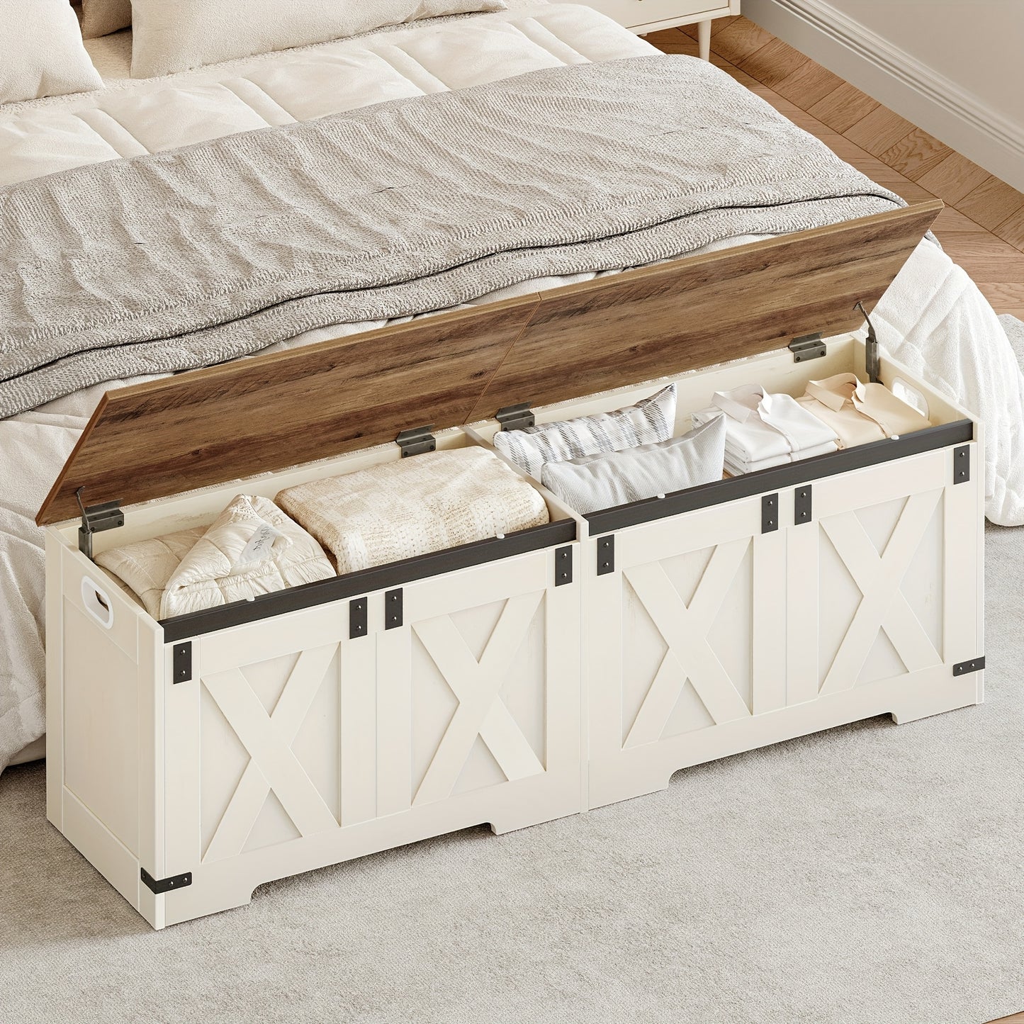 HZUANERI Farmhouse Wooden Storage Chest Lift Top Organizer With 2 Hinges