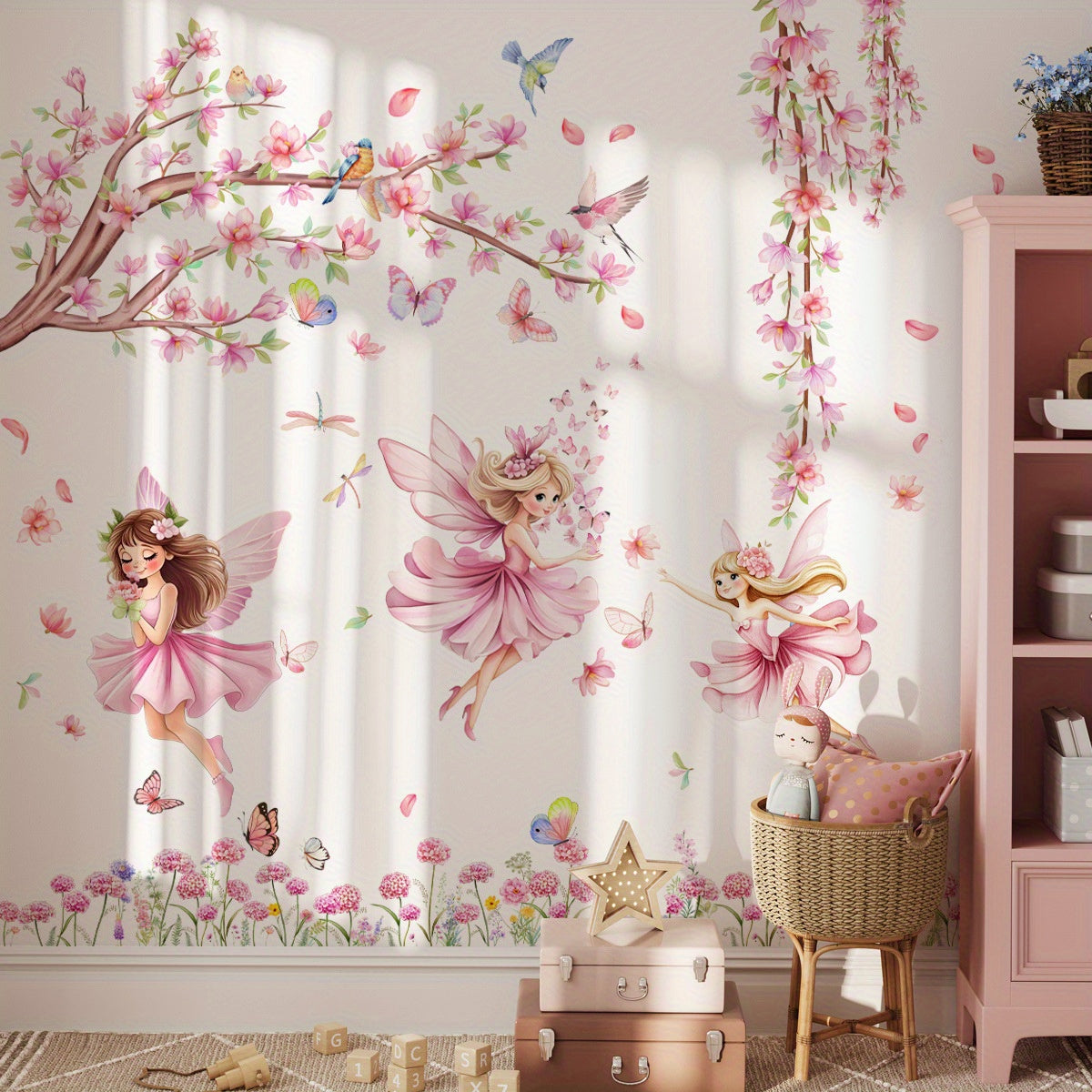 M15027 Elf Girl Wall Sticker Self Adhesive Birds And Butterflies