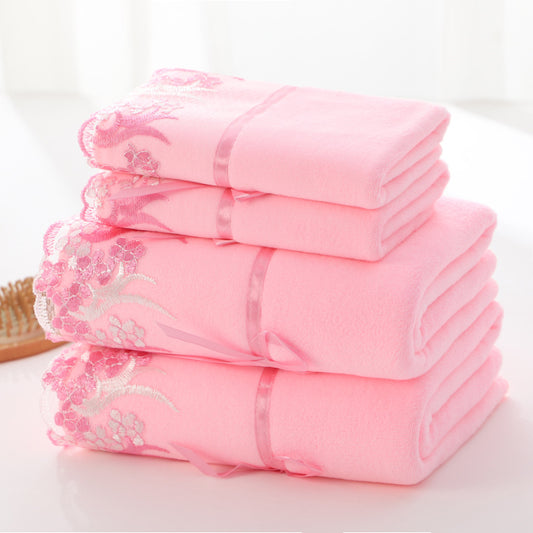 Two Bath Towels With Lace Trim Embroidered Cotton Linen