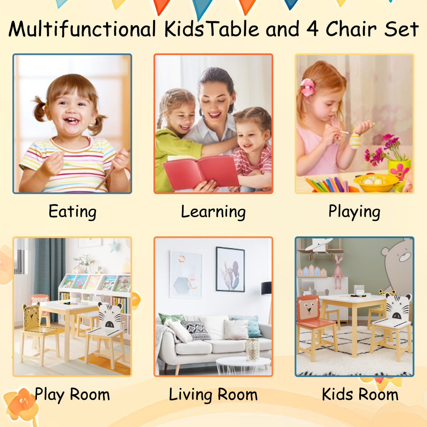Kids Table And Chair Set With Animal Theme Wood Furniture