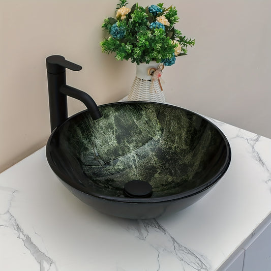 Art Deco Tempered Glass Vessel Sink With Pop-Up Drain System