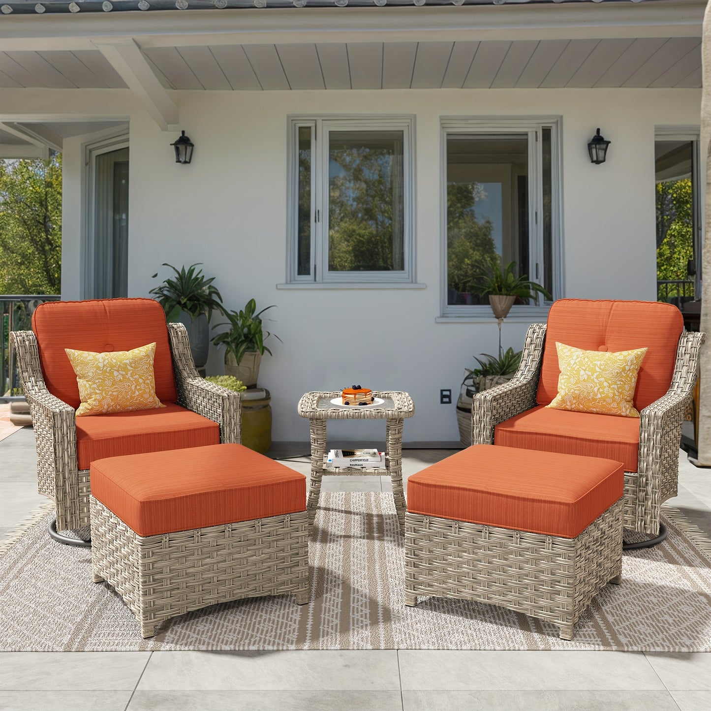 HOOOWOOO Outdoor 360-Degree Swivel Chairs Set With Ottomans And Table