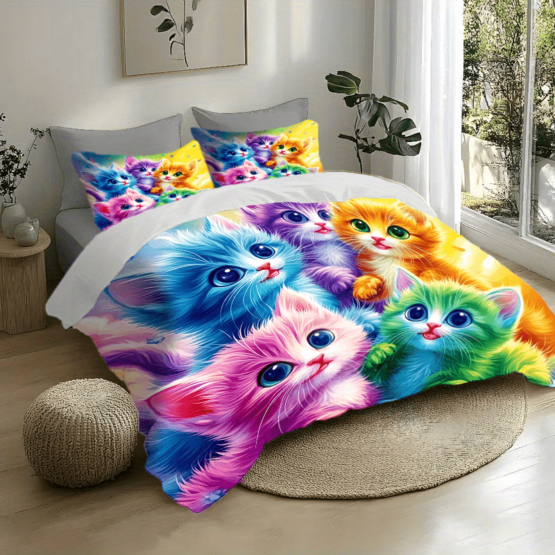 Cat Printed Quilt Cover Set Three Piece Pillowcases Polyester Bedding