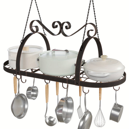 Vintage Brown 33" Metal Hanging Pot Rack Ceiling Mount, Oval Pan Hanging Rack With 15 S Hooks, Decorative Pot And Pan Storage Rack, Pot Hangers For Kitchen Organize Cookware Utensils