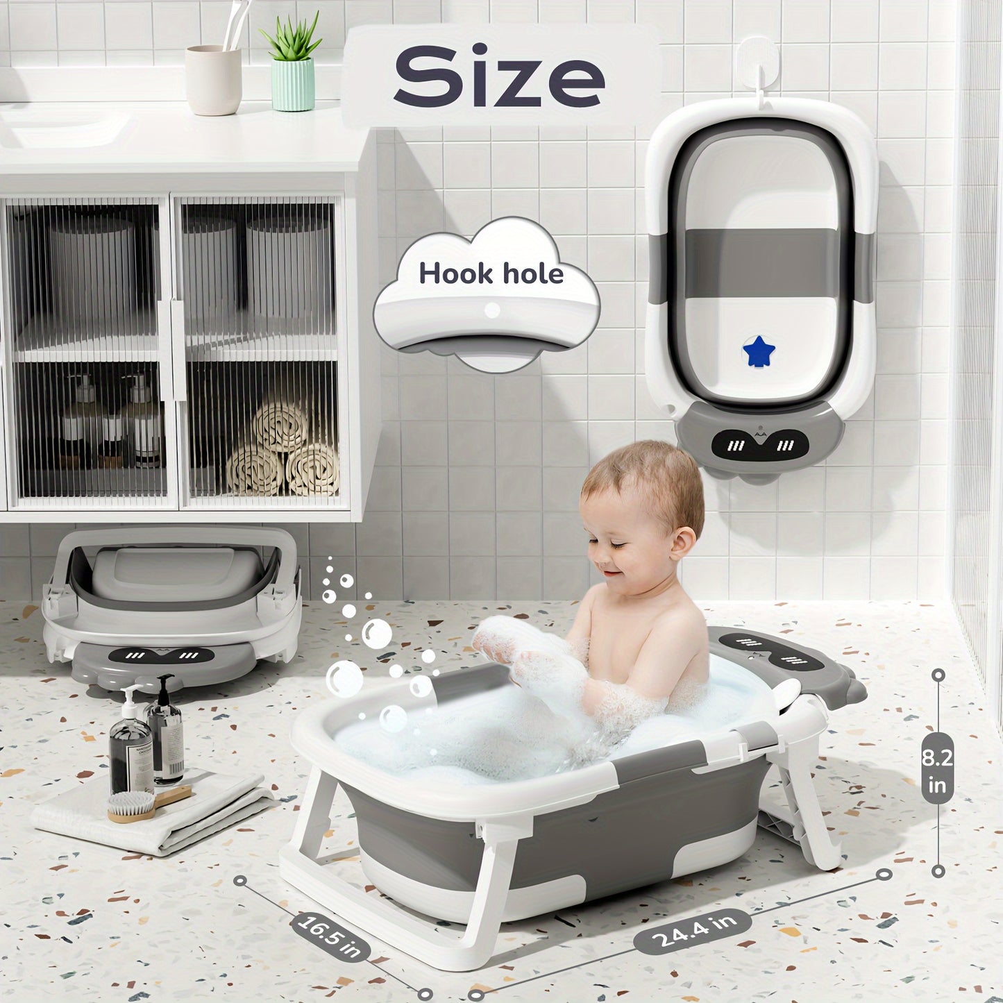 LEOOY Foldable Baby Bathtub With Soft Cushion Dinosaur Pattern