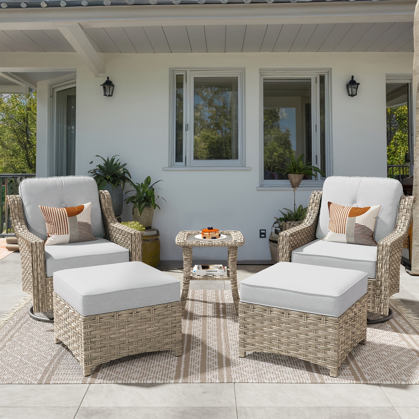 HOOOWOOO Outdoor 360-Degree Swivel Chairs Set With Ottomans And Table