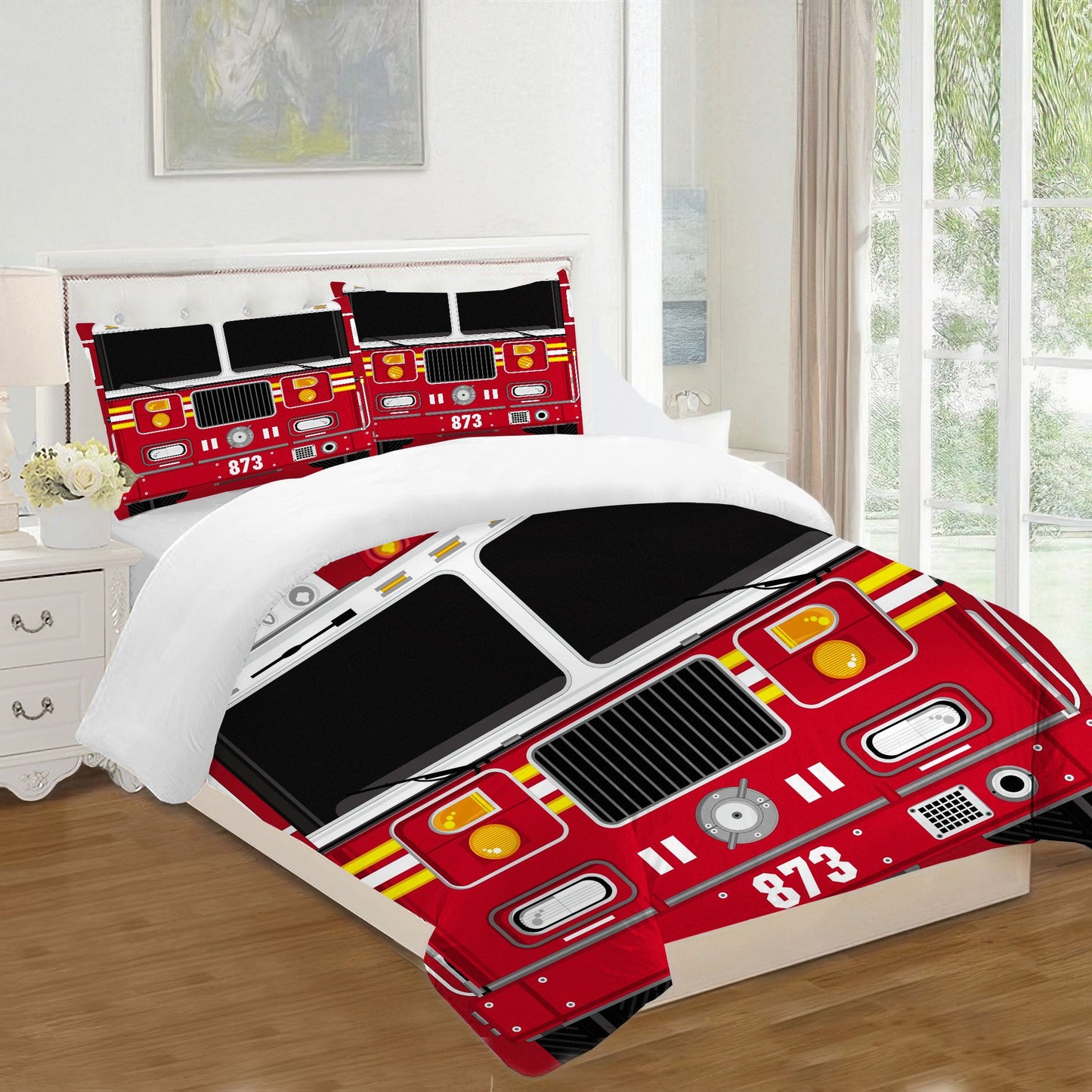 Fire Truck Bedding Duvet Set With Zipper Closure 3 Piece