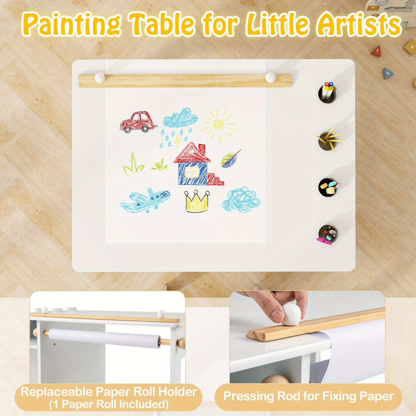 COSTWAY Kids Art Table And Chair Set With Paper Roll