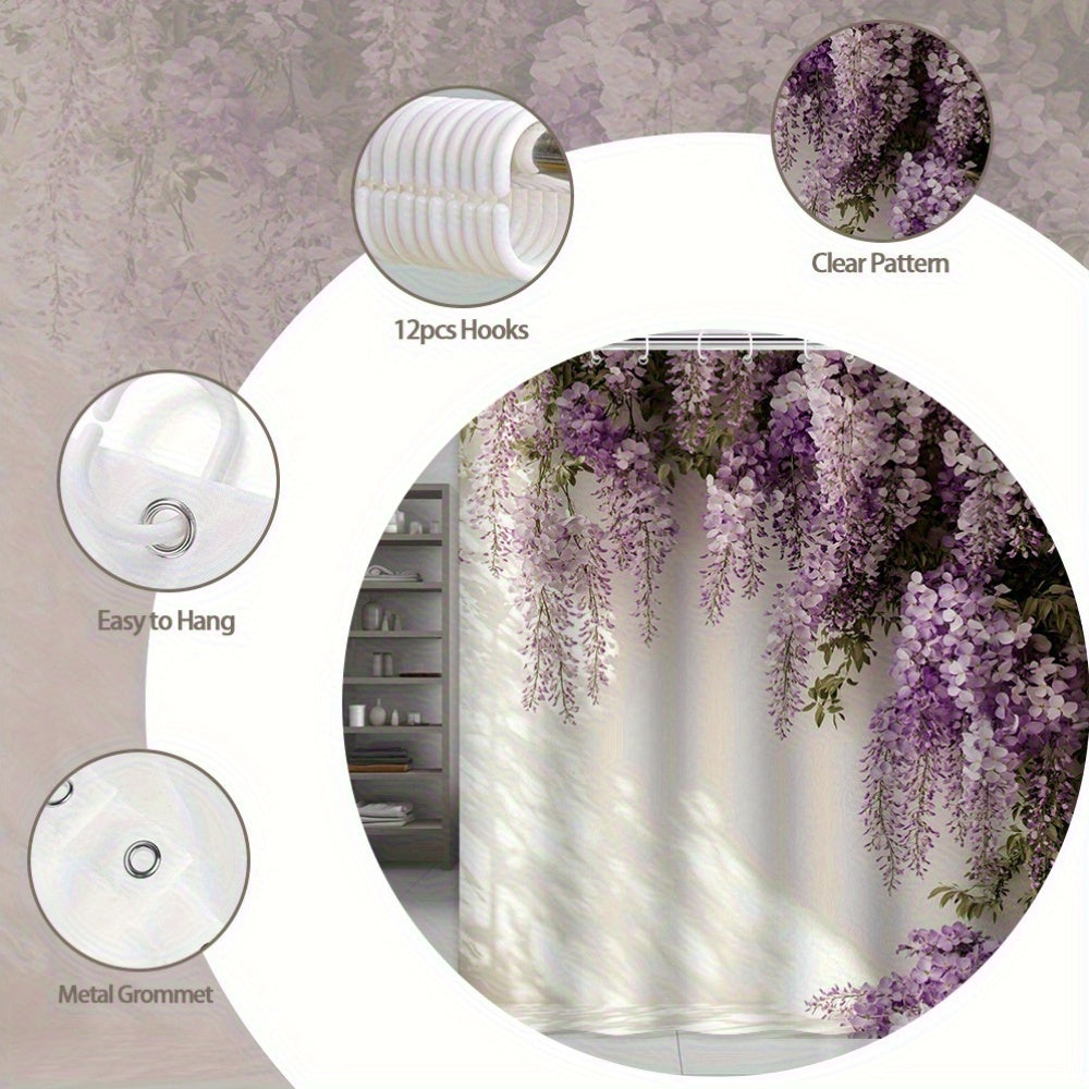 1pc Elegant Purple Wisteria Shower Curtain with White Blossoms - Extra Long 70.8x70.8 Inches, Beige & Green Foliage Design, 12 Hooks Included, Machine Washable for Spa-Like Bathroom Decor in Lilac, Wisteria  or Wisteria Flowe