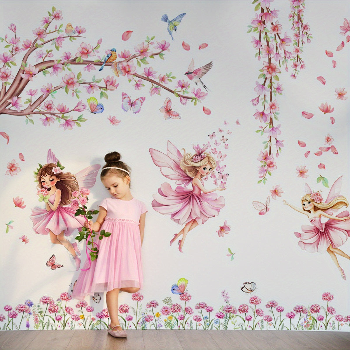 M15027 Elf Girl Wall Sticker Self Adhesive Birds And Butterflies