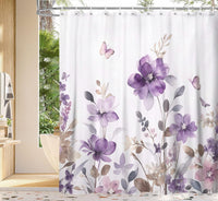 Purple Floral Shower Curtain Farm Watercolor Flower Leaves and Butterfly on Country Wooden Shower Curtain for Bathroom Rustic Farmhous Waterproof Fabric Shower Curtain with 12PCS Hooks 70X85IN