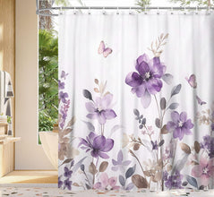 Purple Floral Shower Curtain Farm Watercolor Flower Leaves and Butterfly on Country Wooden Shower Curtain for Bathroom Rustic Farmhous Waterproof Fabric Shower Curtain with 12PCS Hooks 70X85IN