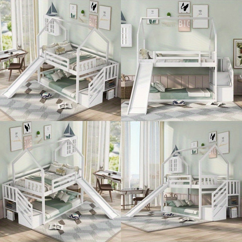 White Space-Saving Design of a Twin Over Twin Bunk Bed Featuring a Convertible Slide And a Staircase with Storage