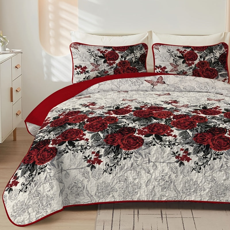 Romantic Rose Quilt Set Polyester Coverlet With Embellishments Machine Washable